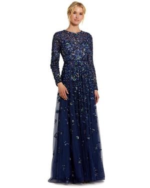 Mac Duggal Sequin Mesh High Neck Cap Sleeve A Line Gown - Blue