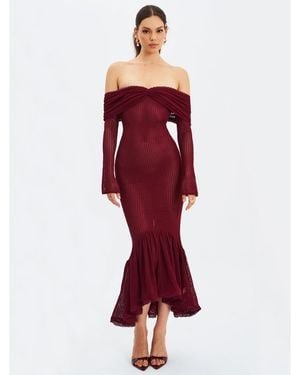 Miss Circle Kaedyn Off Shoulder Long Sleeve Crochet Mermaid Maxi Dress - Red