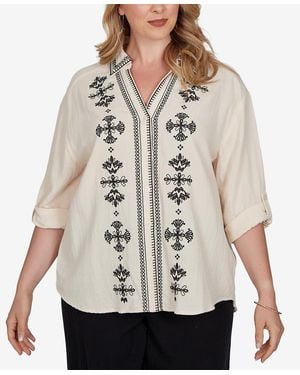 Ruby Rd. Plus Size Embroidered Gauze Button Front Top - Natural