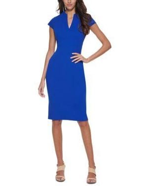 Calvin Klein V Neck Cap Sleeve Work Sheath Dress - Blue