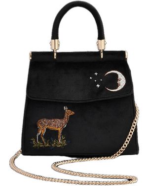 Fable England Deer And Moon Embroidered Velvet Tote - Black