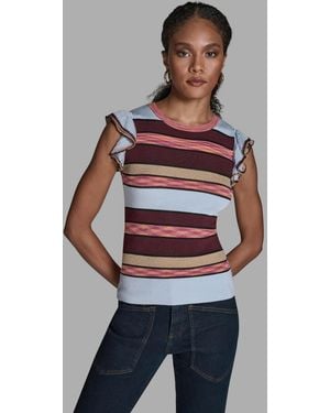 BCBGMAXAZRIA Stripe Short Flutter-sleeve Crewneck Sweater - Red