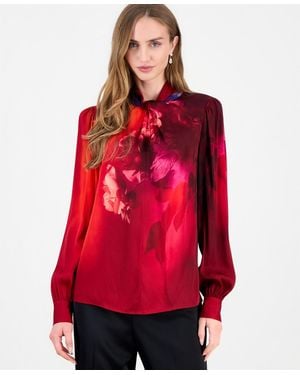 Tahari Lola Floral Long-sleeve Cowl Neck Blouse - Red