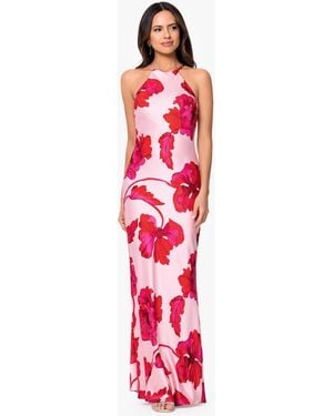Xscape Sleeveless Halter Neck Printed Long Dress - Red