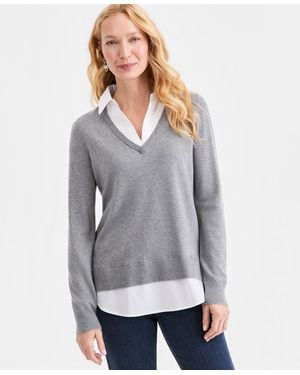Style & Co. Two-fer V-neck Sweater - Gray