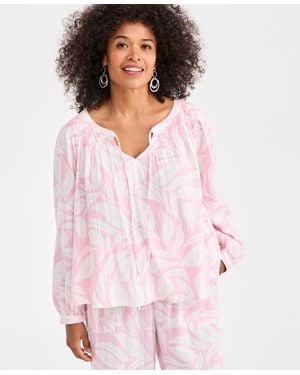 Style & Co. Cotton Smocked Split-neck Peasant Top - Pink