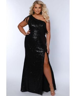 Sydney's Closet Long Fitted Sequin Off Shoulder Maxi Formal Dress - Black