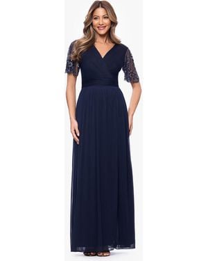 Xscape Short Sleeve V Neck Long Gown - Blue
