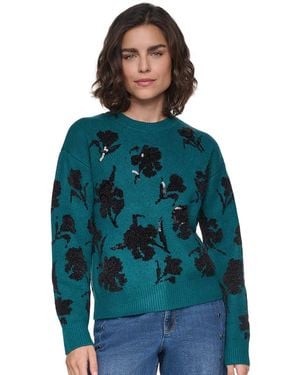 KARL LAGERFELD Petite Floral-sequin Crewneck Sweater - Blue