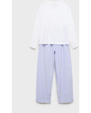 Mango 2-piece Seersucker Striped Pajamas - White