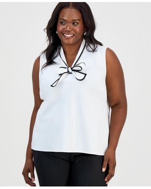 Kasper Plus Size Sleeveless Tie-neck Top - White