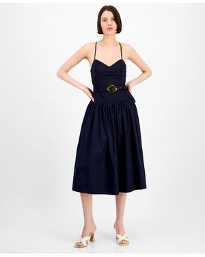 En Saison Melody Mixed-media Belted Midi Dress - Blue