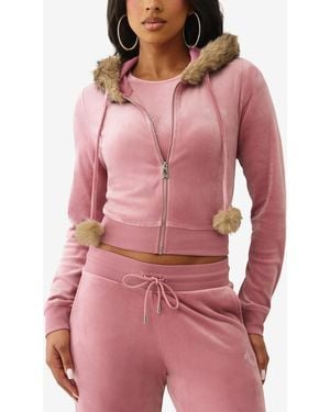 TRUE RELIGION Crystal Velour Shrunken Hoodie - Pink
