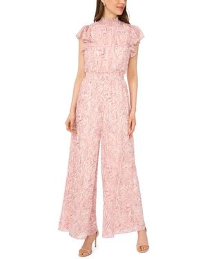 Msk Short-sleeve Mock Neck Smocked Waist Jumpsuit - Pink