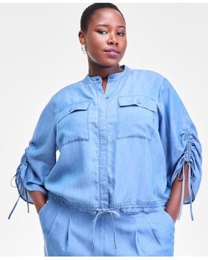 INC International Concepts Plus Size Chambray Tie-waist Blouse - Blue