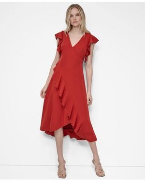DKNY Ruffle Sleeve V Neck Midi Dress - Red