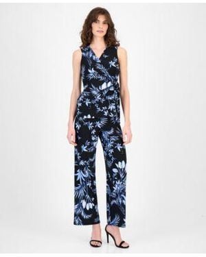 Anne Klein Sleeveless Printed Wrap Top Printed High Rise Wide Leg Pants - Blue