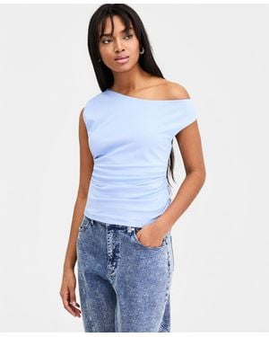 BarIII Ruched Boat-neck Top - Blue