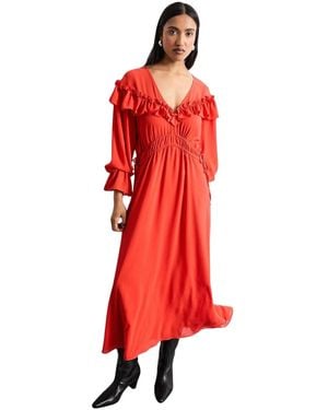 Warehouse Ruffle Shoulder Detail Boho Maxi Dress - Red