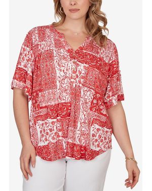 Ruby Rd. Plus Size Patchwork Bandana Henley T-shirt - Red