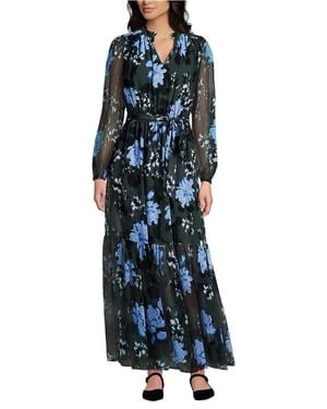Lands' End Chiffon Tiered Long Sleeve Maxi Dress - Blue