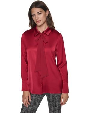 DKNY Satin Long-sleeve Chiffon Neck Tie Blouse - Red