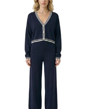 Modenaire Knit Contrast-trim V-neck Cropped Cardigan And Wide-leg Pants - Blue