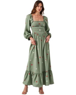 Modenaire Floral-embroidered Smocked Tiered Maxi Dress - Green