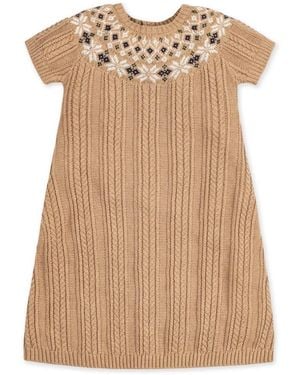 Hope & Henry Big Girls Short Sleeve Fair Isle Cable Sweater Dress - Natural
