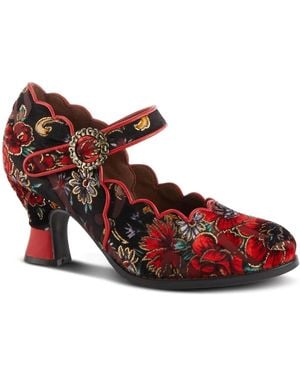 L'ARTISTE Adodora Floral Tapestry Mary Jane Heels - Red