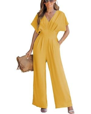 CUPSHE V-neck Short Sleeve Straight Leg Jumpsuit - Yellow