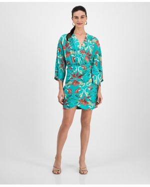 INC International Concepts Surplice-neck Long-sleeve Mini Wrap Dress - Blue