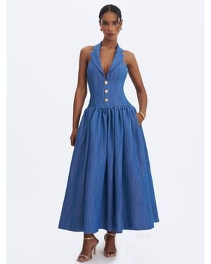 Miss Circle Xyan Navy Denim Lapel Halter A-line Midi Dress - Blue