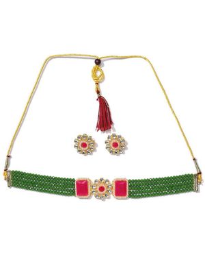 SOH Gold Plated Kundan Beaded Jewelry Set - Green