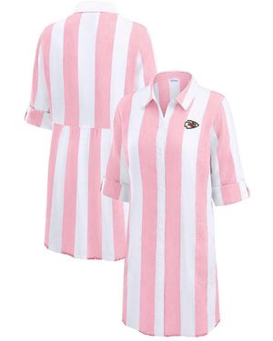 Tommy Bahama Pink/white Kansas City Chiefs Rugby Beach Stripe Button-up Tunic