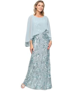 Sl Fashions Petite Embroidered Stretch Cape Long Gown - Blue