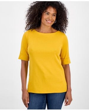 Style & Co. Boat-neck Elbow Sleeve Cotton Top - Yellow