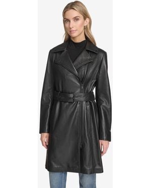 Andrew Marc Jacqui Moto Style Leather Trench Coat - Black