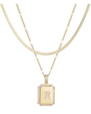 Adornia Gold Pave Tag Pendant And Herringbone Chain Initial Necklace Set - Metallic