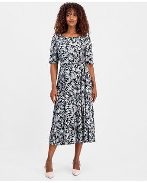 Kasper Printed Elbow-sleeve Fit & Flare Dress - Blue