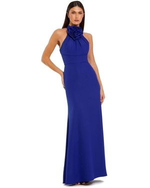 Mac Duggal Halter Neck Crepe Column Floral Detail Gown - Blue
