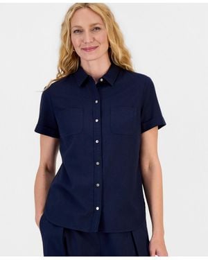 Nautica Linen-blend Short-sleeve Point-collar Camp Shirt - Blue