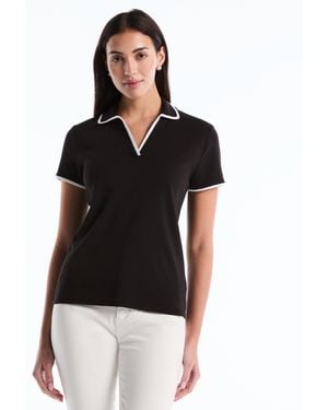 Rafaella Petite Contrast Trim Johnny Collar Polo Shirt - Black