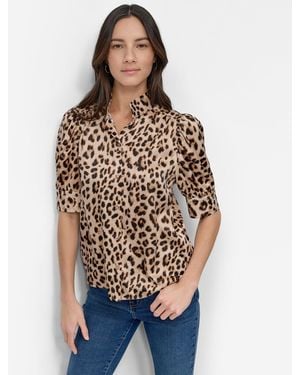 DKNY Petite Cotton Puff-sleeve Button-front Shirt - Blue