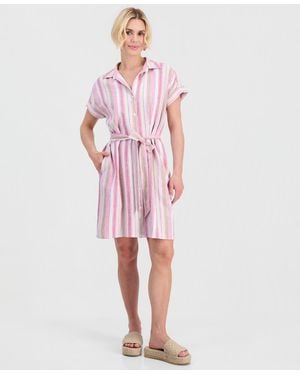 Style & Co. Petite Printed Button-front Tie-waist Shirt Dress - Pink