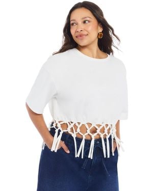 June + Vie Plus Size Fringe Trim Cropped Crewneck Tee - White