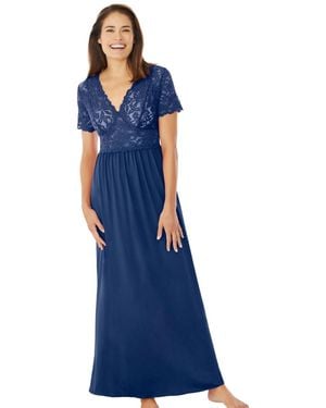 Amoureuse Plus Size Long Lace Top Stretch Knit Gown - Blue
