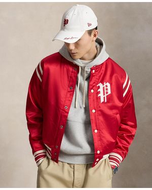 Polo Ralph Lauren Striped Ribbed Baseball Collar Logo Patch Jacket - Red