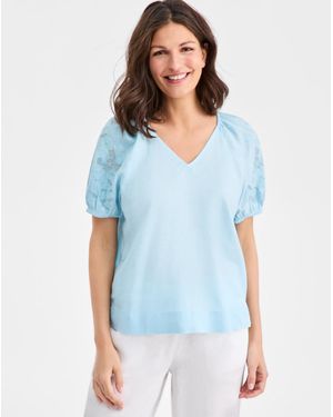 Charter Club 100% Linen V-neck Applique-sleeve Top - Blue