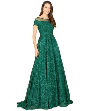 Lara Sheer Boat Neck Ball Gown - Green